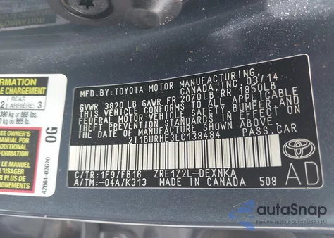 2014 Toyota Corolla Le Plus из США, поврежденный, VIN 2T1BURHE3EC138484